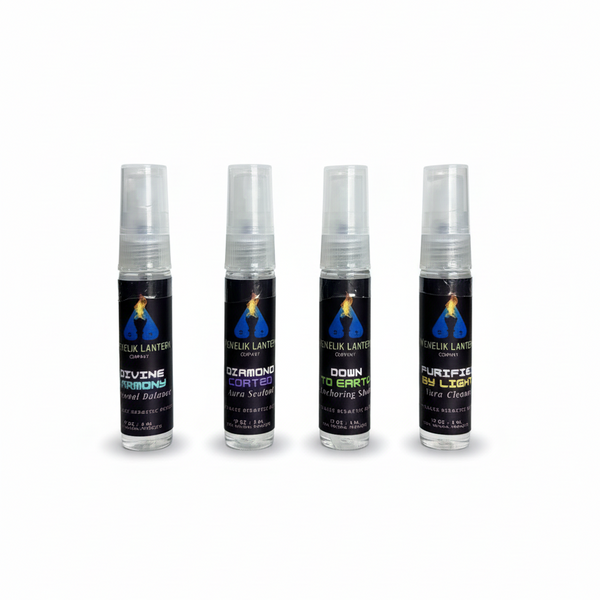 Four bottles of 'Menelik Lantern' products on a white background