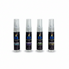 Four bottles of 'Menelik Lantern' products on a white background